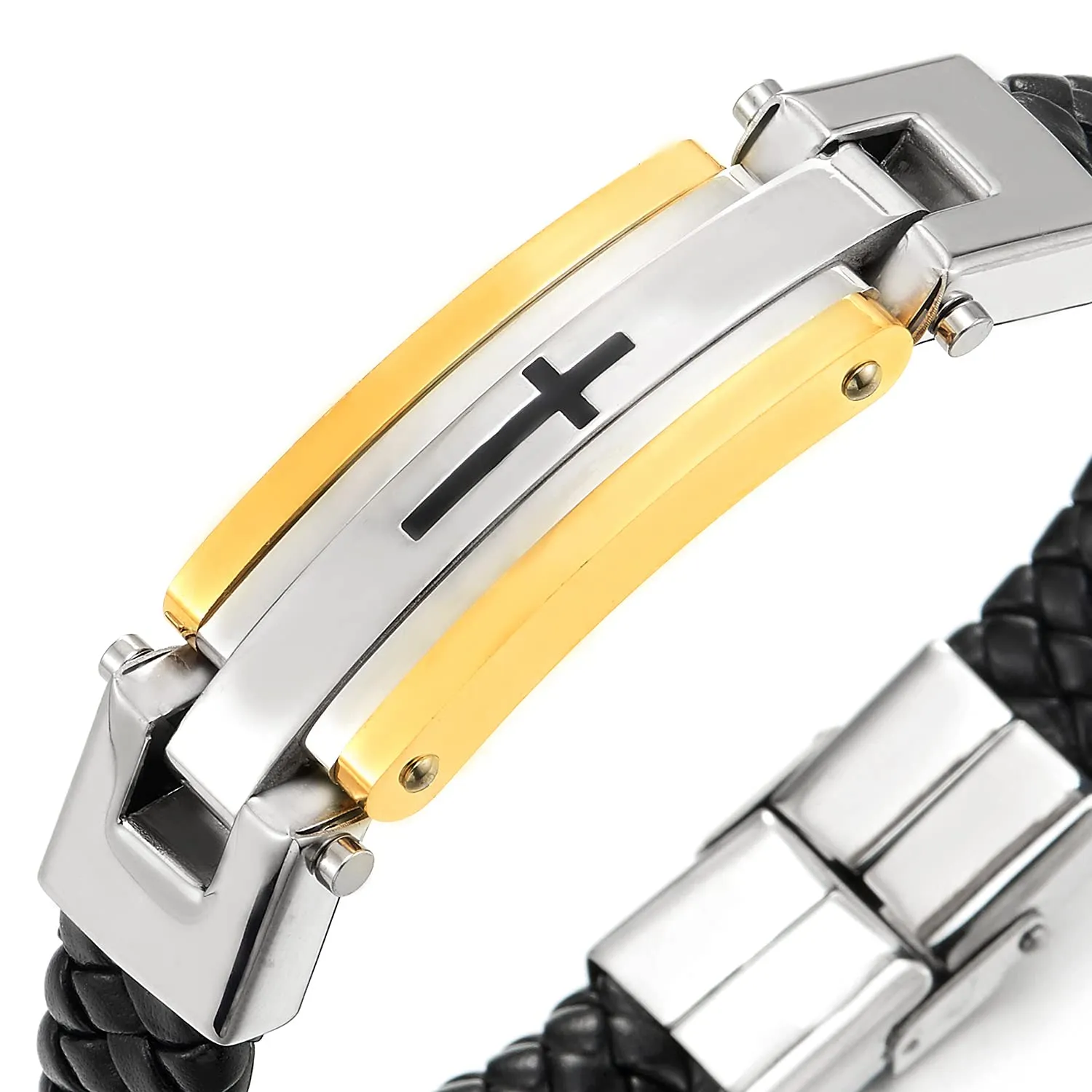 Mens Stainless Steel Silver Gold Cross ID Identification Black Braided Leather Bangle Bracelet