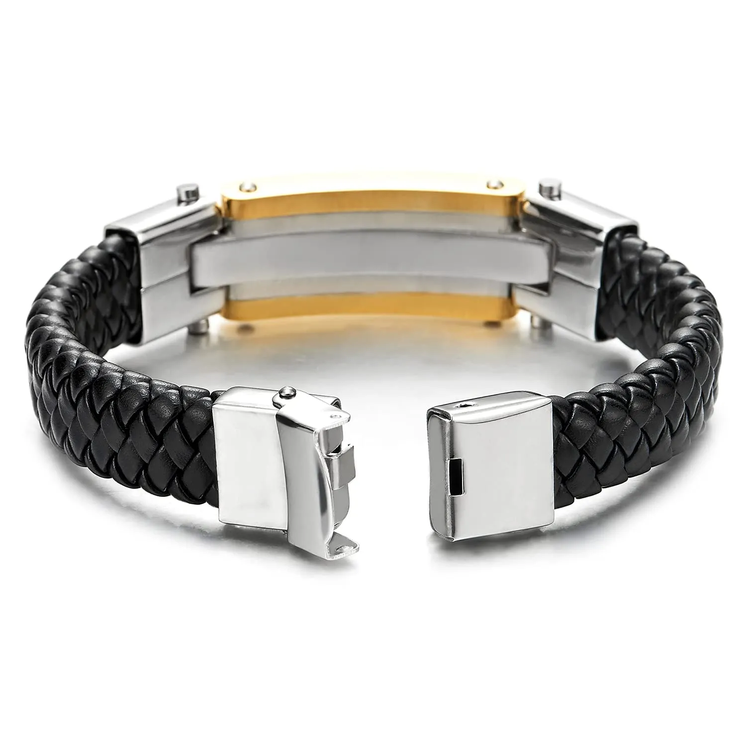 Mens Stainless Steel Silver Gold Cross ID Identification Black Braided Leather Bangle Bracelet