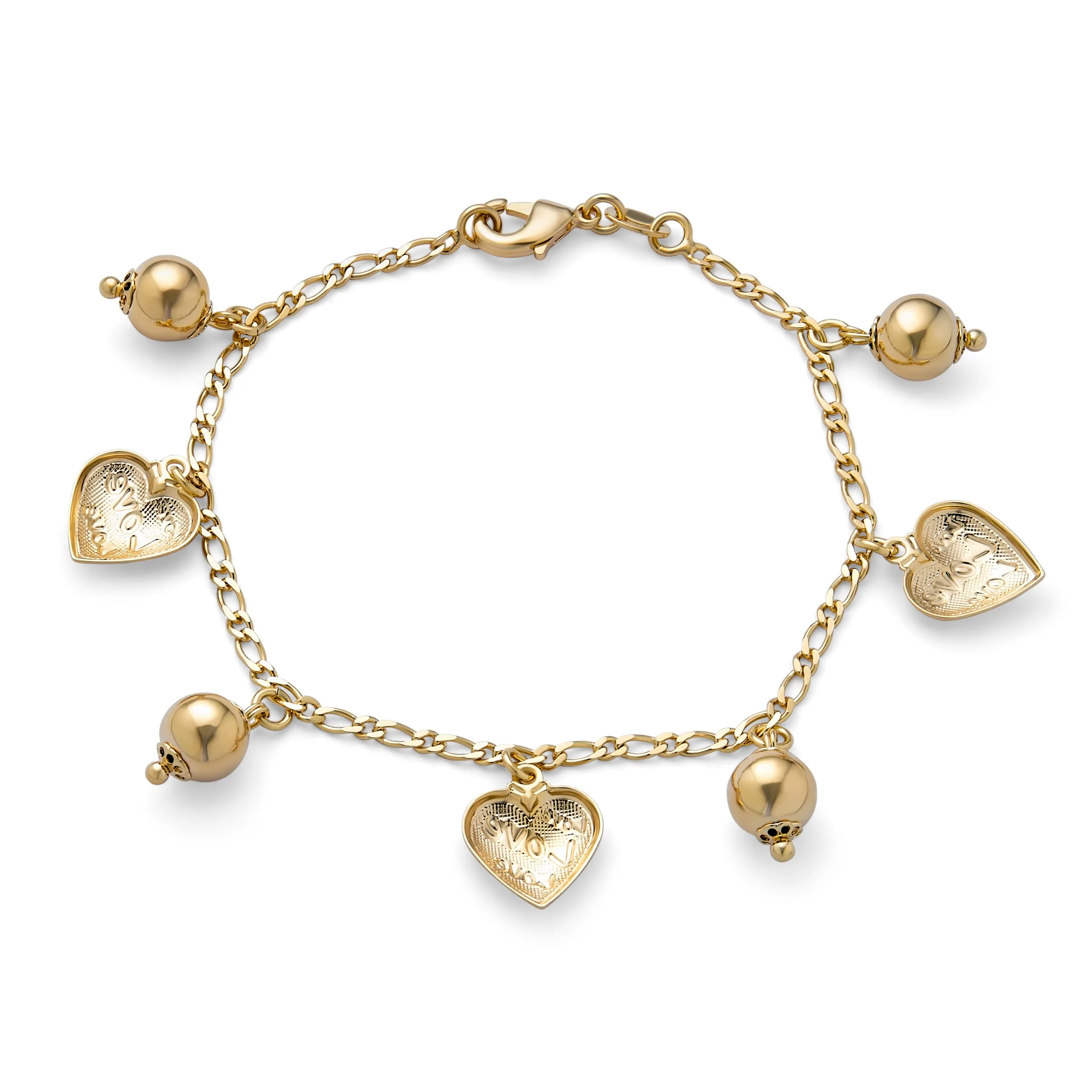 Message Words Love Multi Hearts Charm Bracelet Gold Plated 7.5 Inch