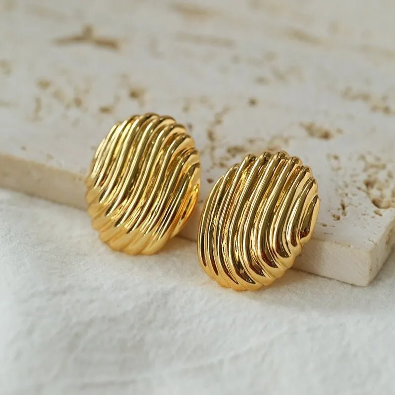 Metallic Striped Texture Oval Earrings