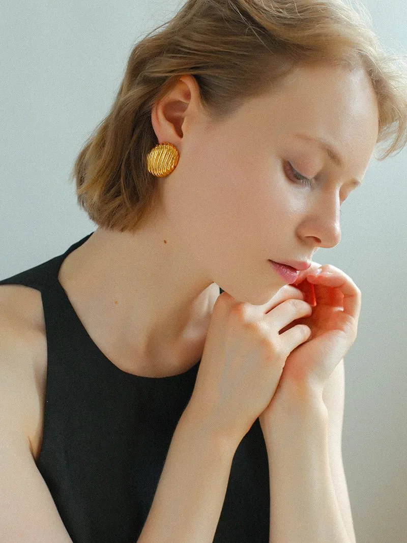 Metallic Striped Texture Oval Earrings