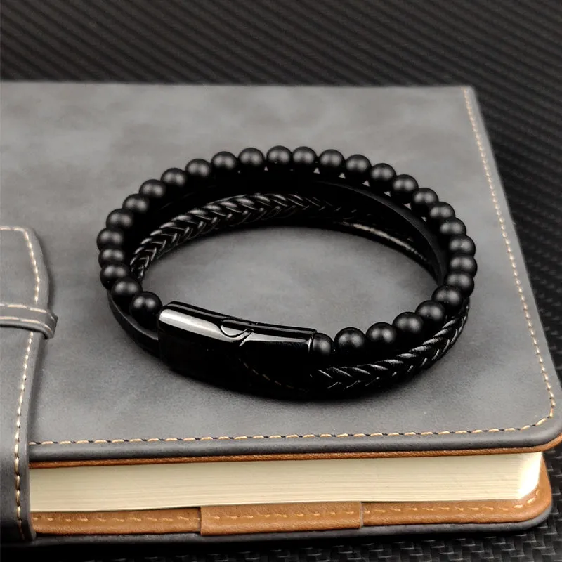 Multi-Layered Men Black Leather Beaded Bracelet