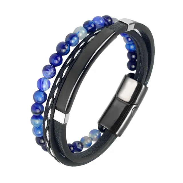 Multi-Layered Men Black Leather Beaded Bracelet