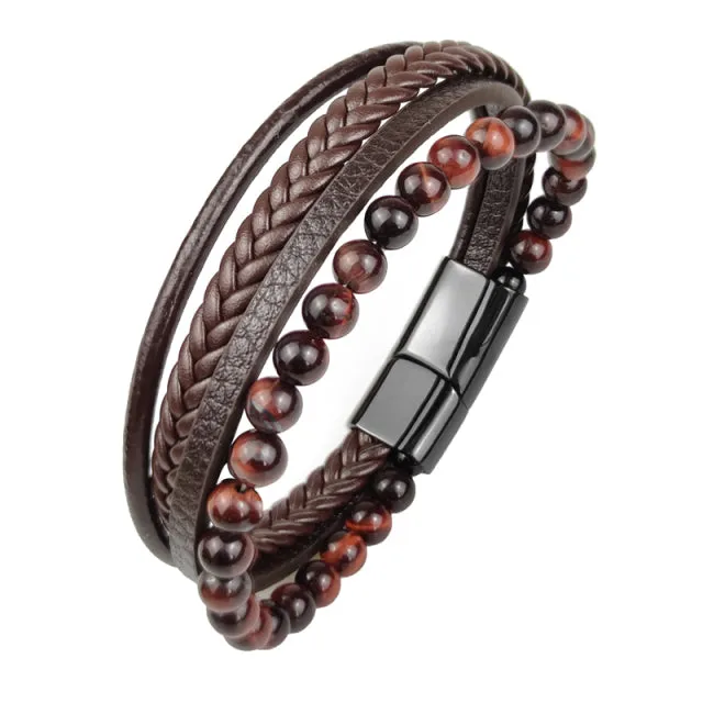 Multi-Layered Men Black Leather Beaded Bracelet