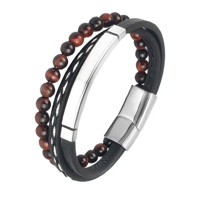 Multi-Layered Men Black Leather Beaded Bracelet