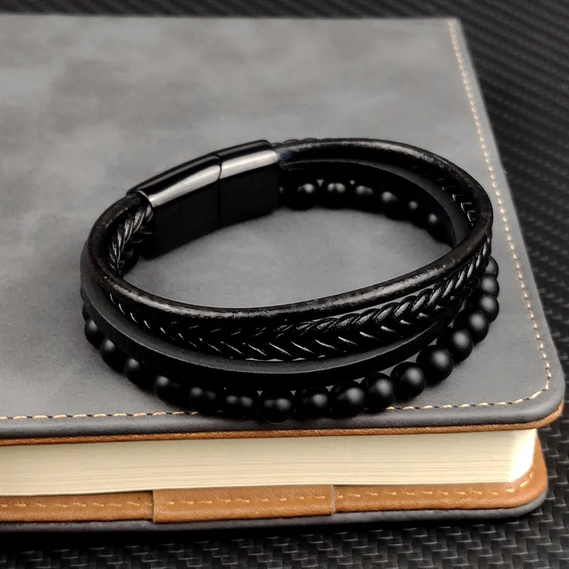 Multi-Layered Men Black Leather Beaded Bracelet