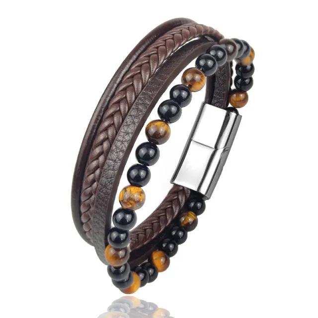 Multi-Layered Men Black Leather Beaded Bracelet