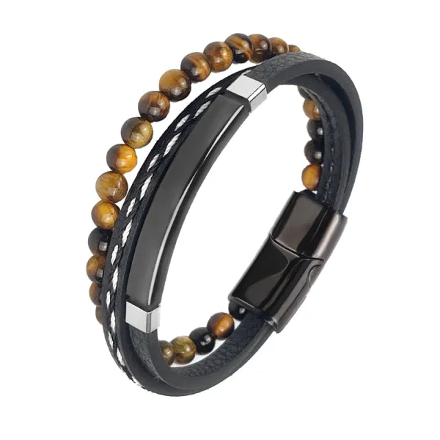 Multi-Layered Men Black Leather Beaded Bracelet