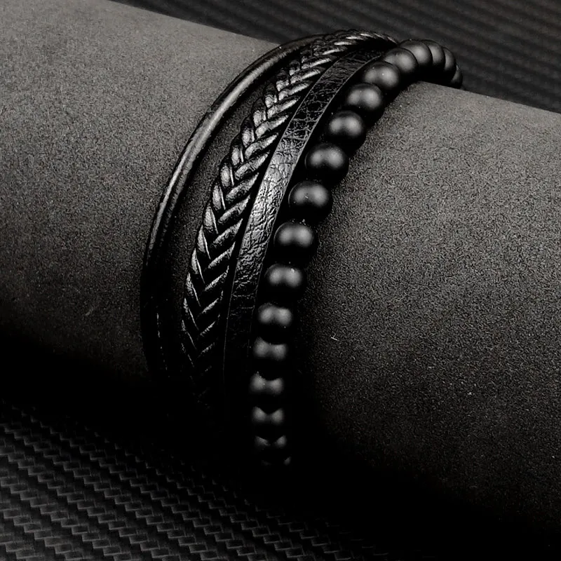 Multi-Layered Men Black Leather Beaded Bracelet