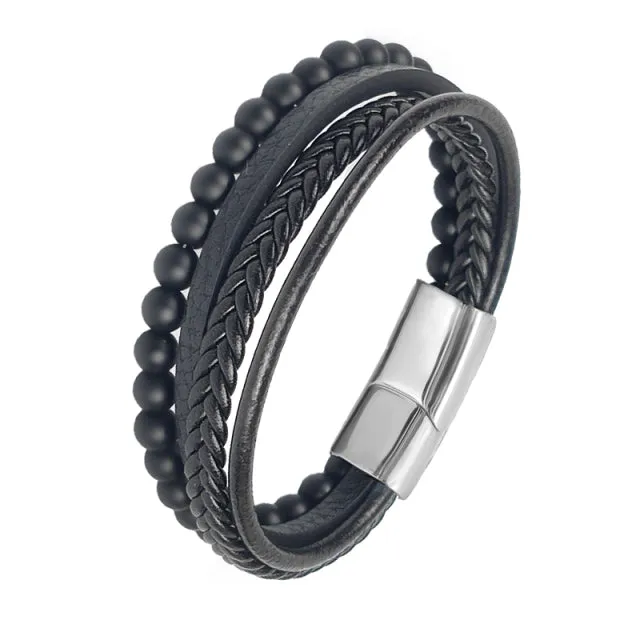 Multi-Layered Men Black Leather Beaded Bracelet