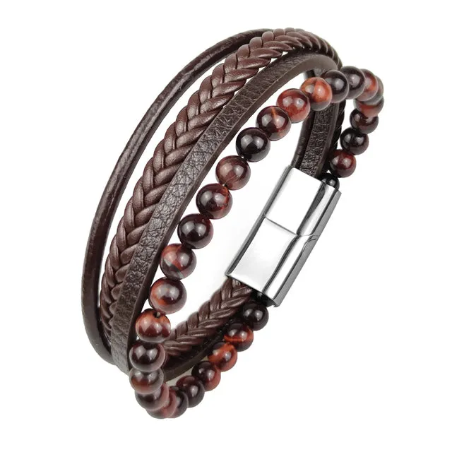 Multi-Layered Men Black Leather Beaded Bracelet