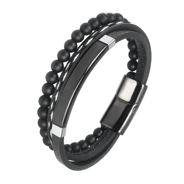 Multi-Layered Men Black Leather Beaded Bracelet