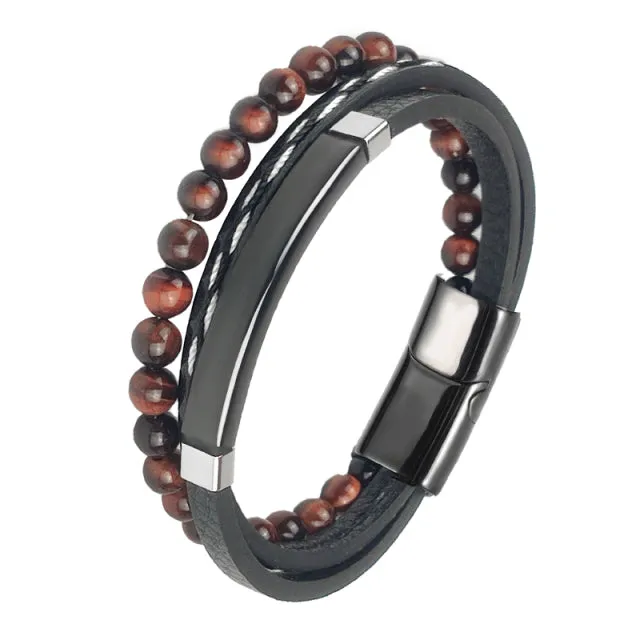 Multi-Layered Men Black Leather Beaded Bracelet