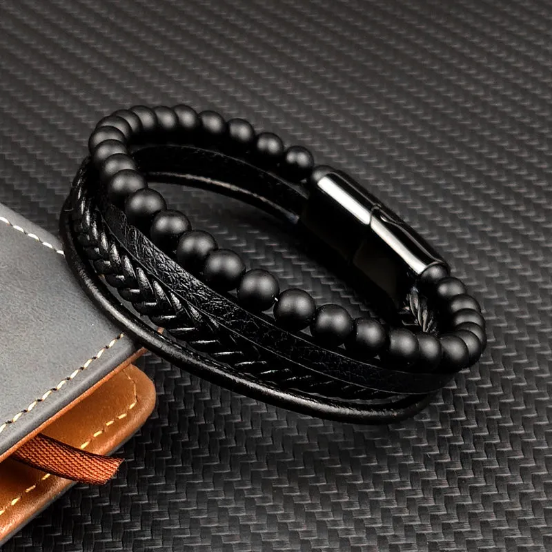 Multi-Layered Men Black Leather Beaded Bracelet