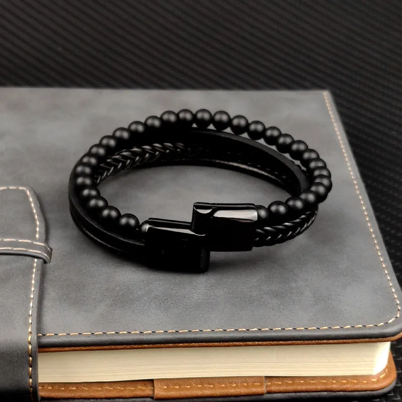 Multi-Layered Men Black Leather Beaded Bracelet