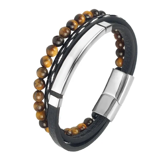 Multi-Layered Men Black Leather Beaded Bracelet