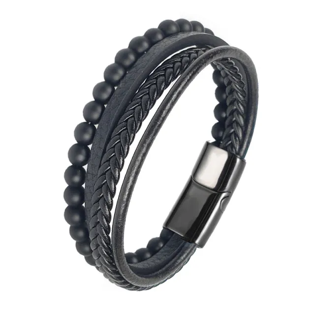 Multi-Layered Men Black Leather Beaded Bracelet