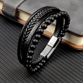 Multi-Layered Men Black Leather Beaded Bracelet