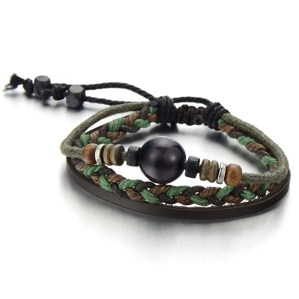 Multi-Strand Brown Leather Bracelet for Men Women Tribal Leather Wristband Wrap Bracelet with Beads