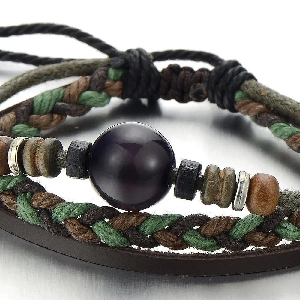 Multi-Strand Brown Leather Bracelet for Men Women Tribal Leather Wristband Wrap Bracelet with Beads