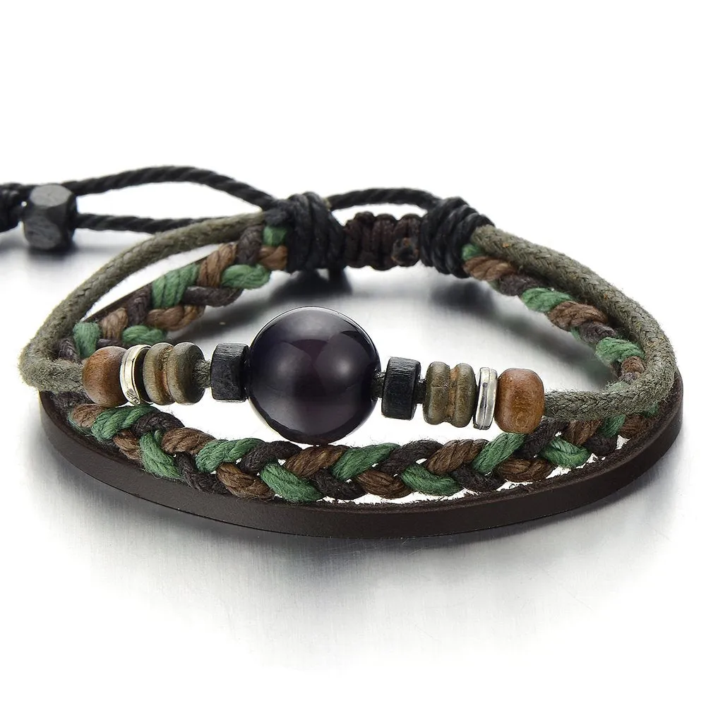 Multi-Strand Brown Leather Bracelet for Men Women Tribal Leather Wristband Wrap Bracelet with Beads