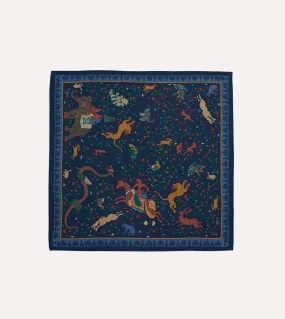 Navy Mythical Animals Print Wool-Silk Bandana