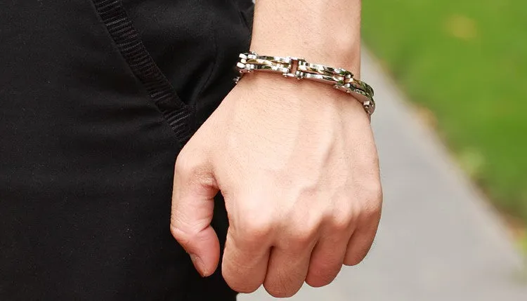 Punk Rock Heavy Metal Bracelet Silver/Gold Plated texture Stainless Steel Infinity Link Chain Bracelet Cool Men Jewelry