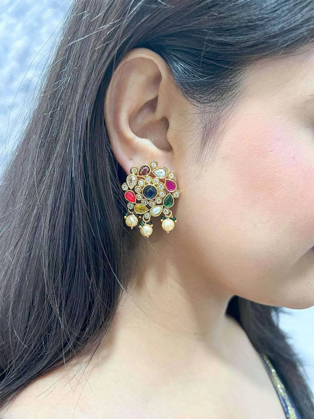 Round Navratna Earrings