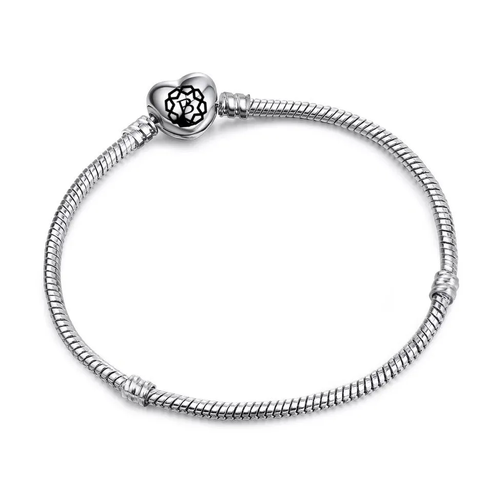 Silver Heart Clasp Snake Chain Bead Charm Bracelet