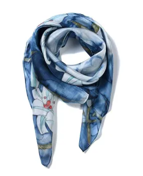 Square Hand Painted Silk Scarf - Blue Lilly