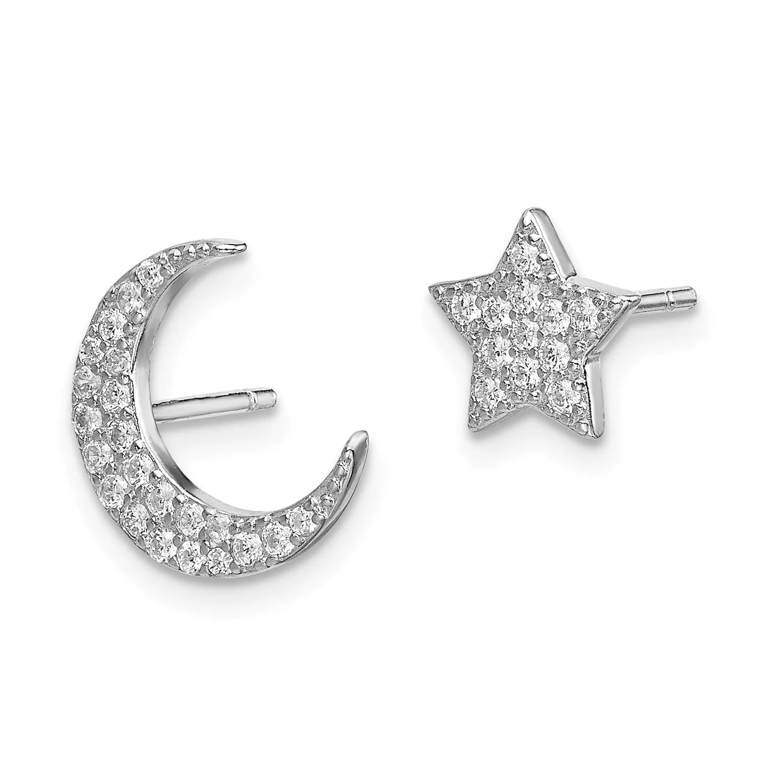 Sterling Silver Cubic Zirconia 11MM Stud Celestial Star and Moon Earrings