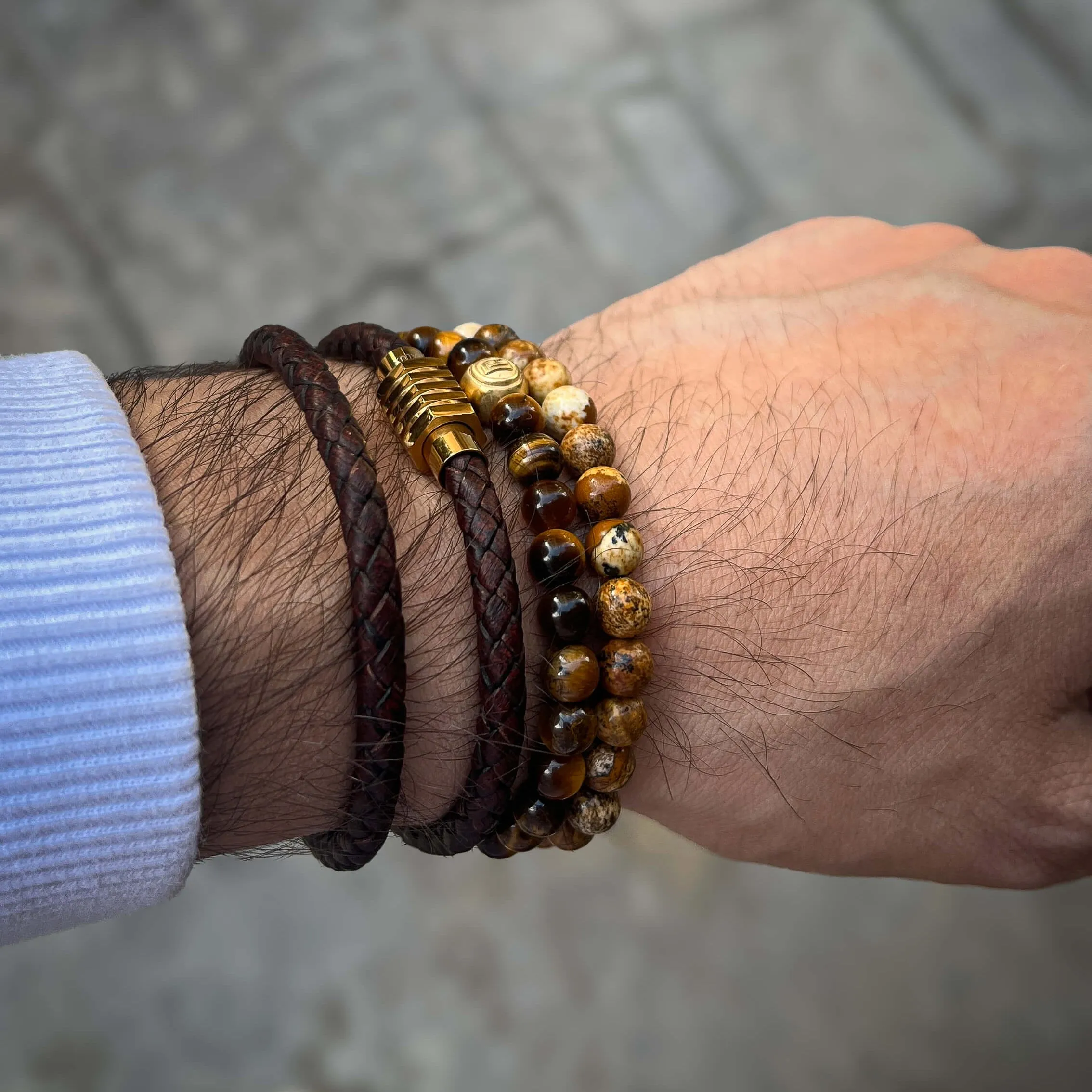 The Dark Brown Duo Leather and Tiger eye Signed Stack