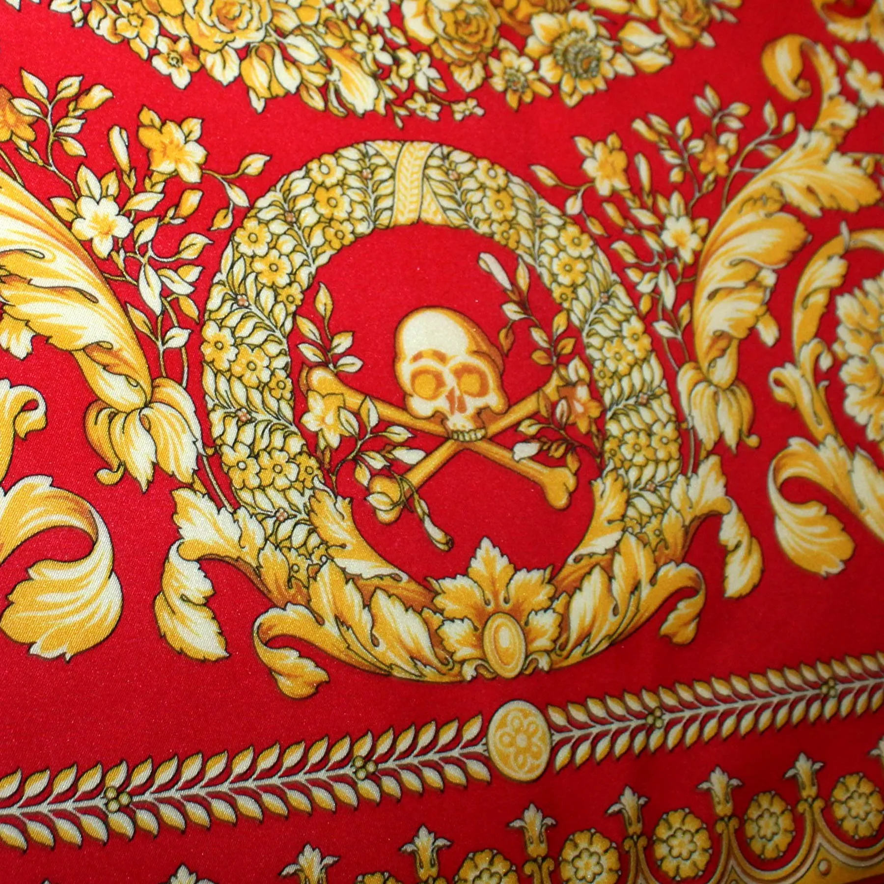 Versace Silk Scarf Red Gold Baroque Skull - Large 36 Inch Square Scarf SALE