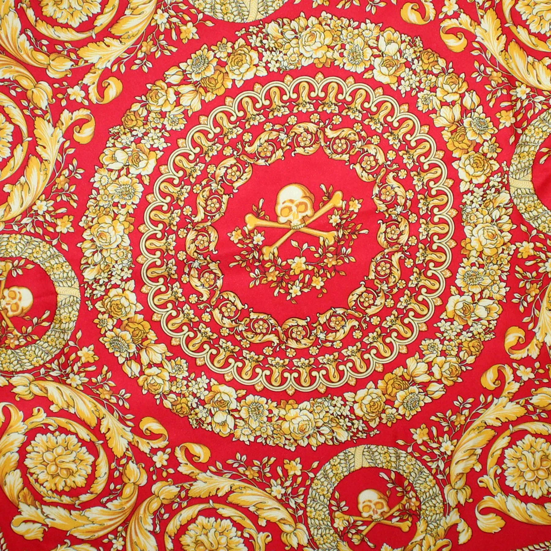 Versace Silk Scarf Red Gold Baroque Skull - Large 36 Inch Square Scarf SALE