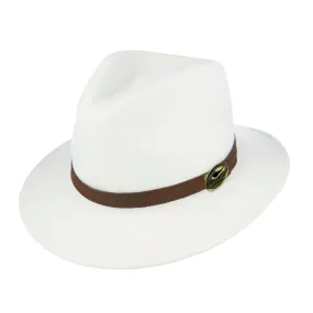 White Fedora Hat with a Brown Leather Band