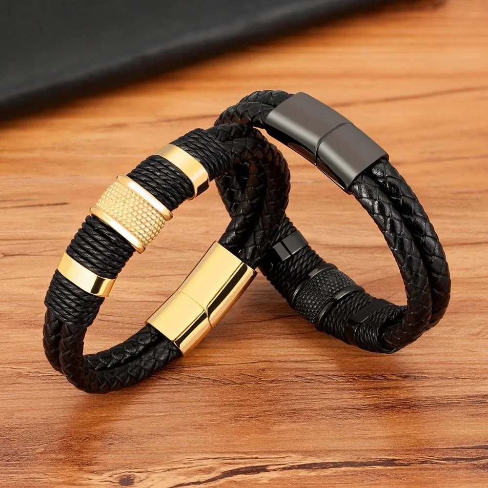 Woven Leather Rope Stainless Steel Mens Punk Bracelets