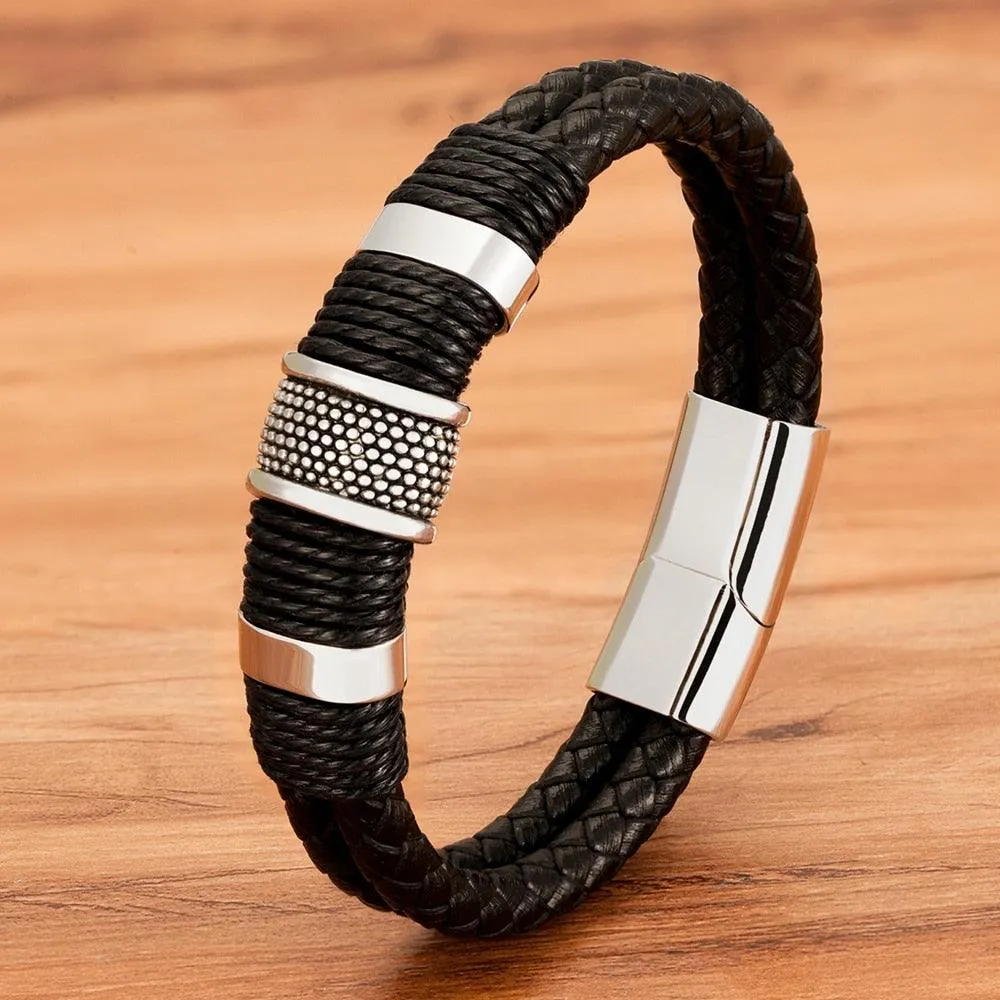 Woven Leather Rope Stainless Steel Mens Punk Bracelets